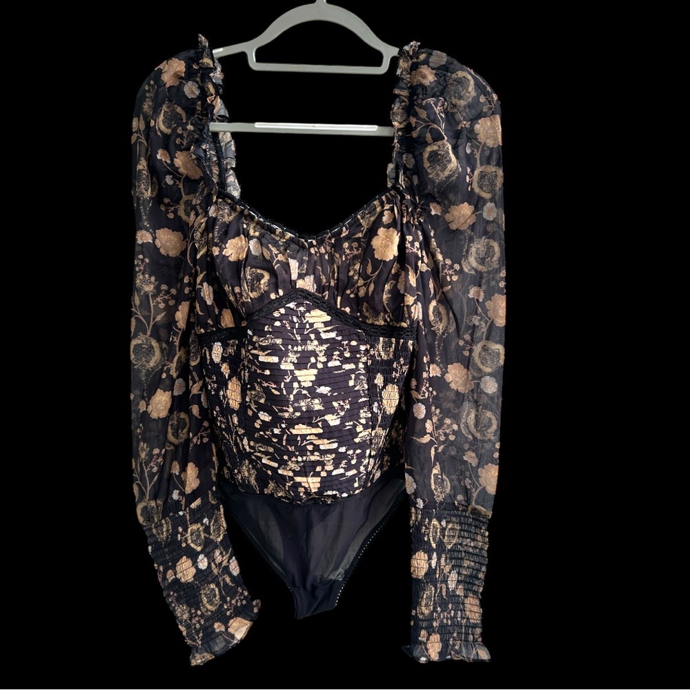 Free People Black Floral Babydoll Small Bodysuit Dark Romance Fairy Goth Lace